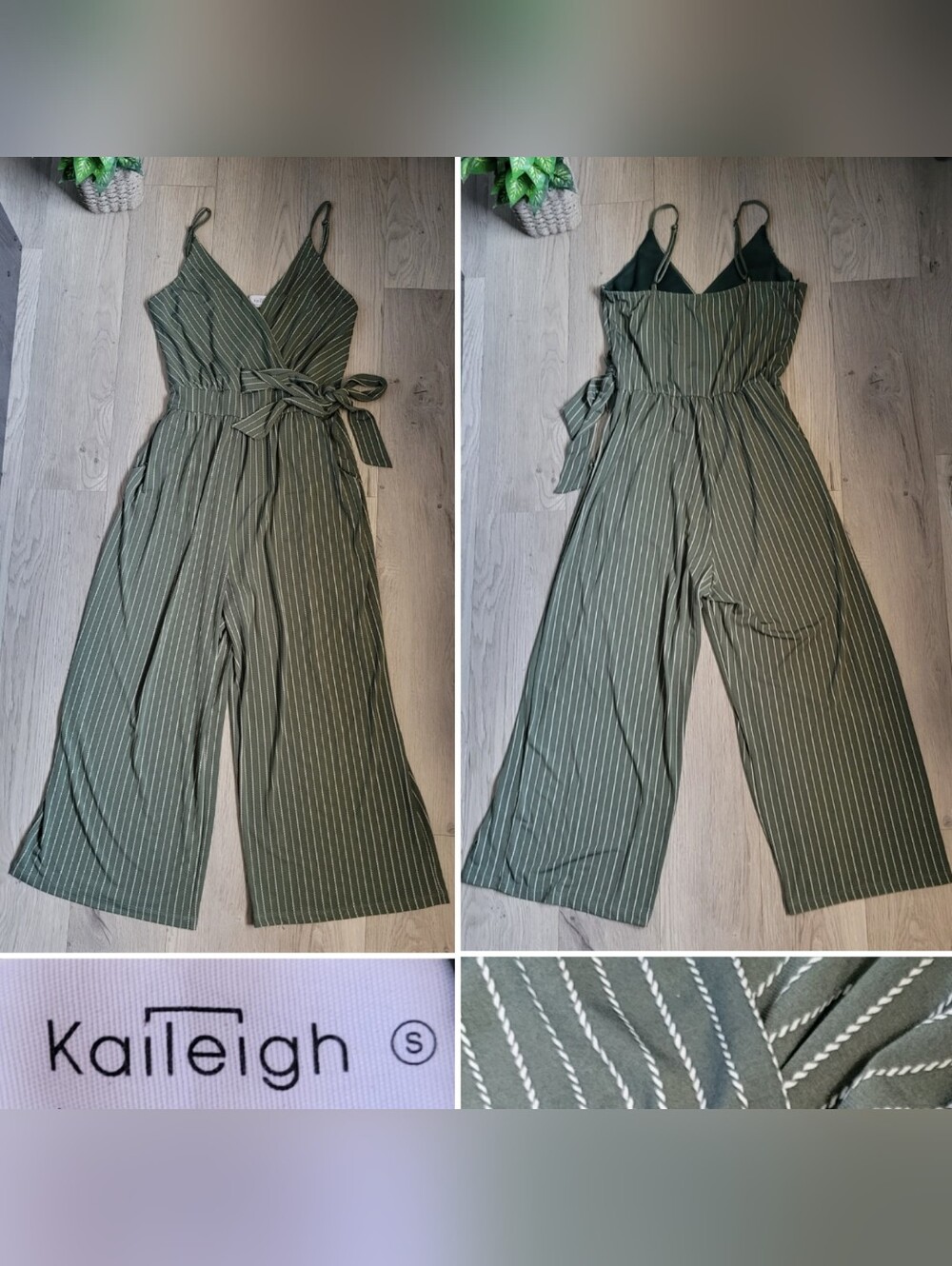 Kaileigh Rica Knit Crop Jumpsuit Olive Stripe V-Neck, Wide-Leg Sleeveless, Small - Picture 1 of 16